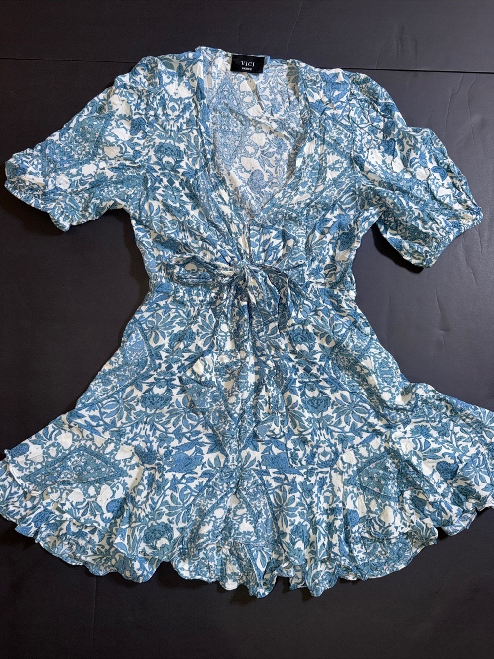 VICI Blue and White Floral Tie-Waist Mini Dress